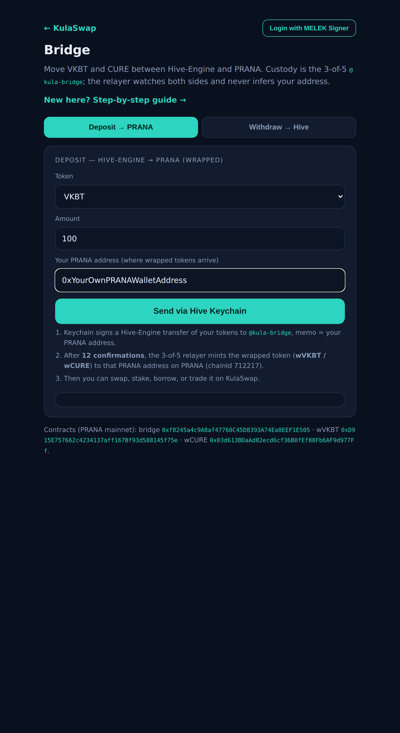 Deposit: token, amount, and your PRANA address
