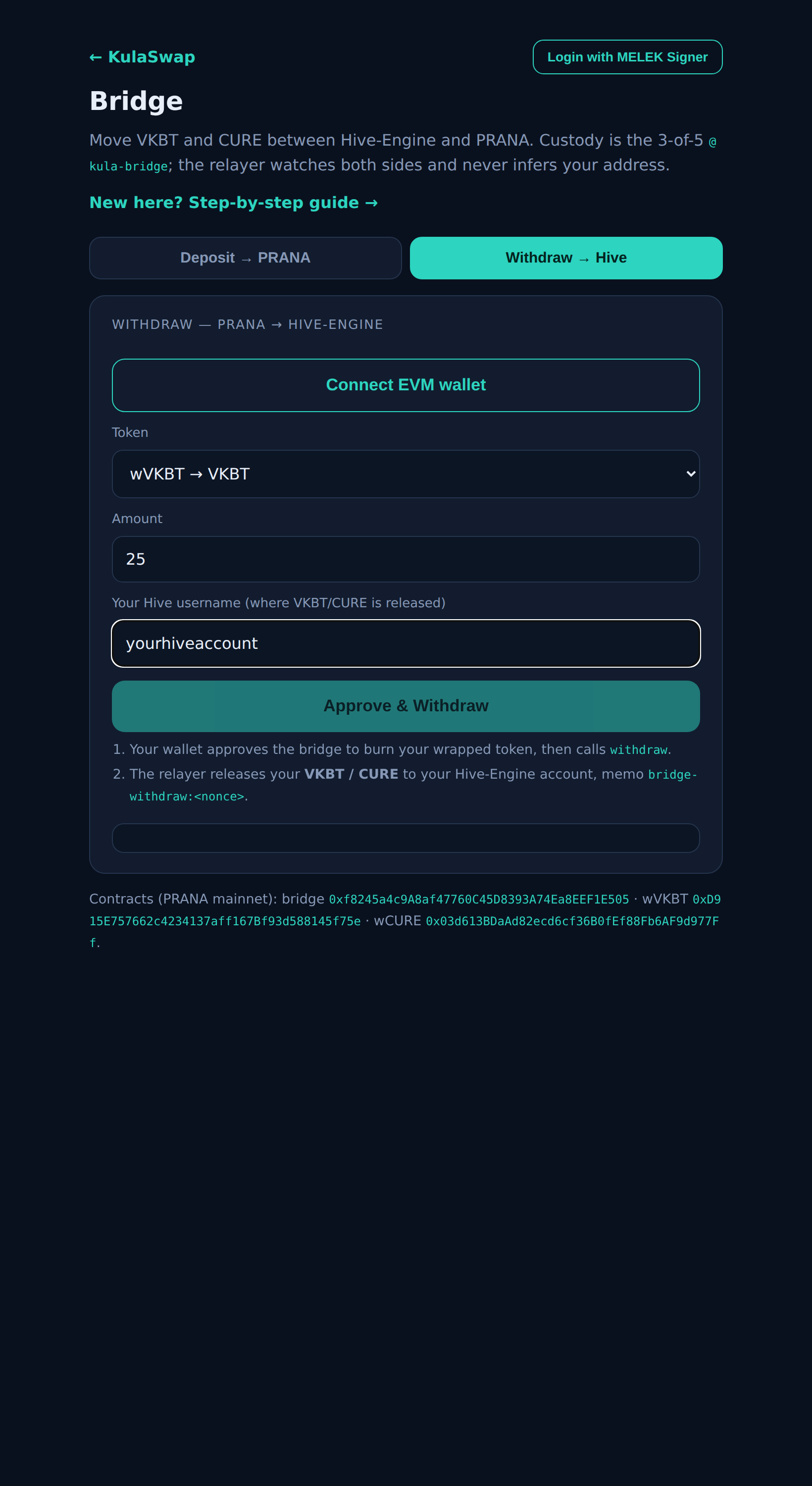 Withdraw: connect your wallet, pick token and amount, enter your Hive username